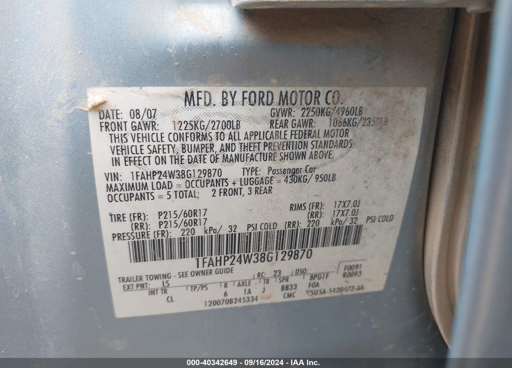 2008 FORD TAURUS SEL VIN: 1FAHP24W38G129870