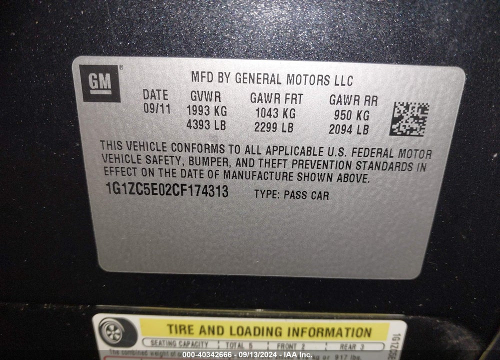 2012 CHEVROLET MALIBU 1LT VIN: 1G1ZC5E02CF174313