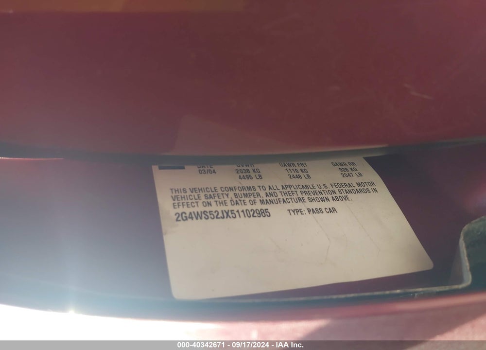 2005 BUICK CENTURY VIN: 2G4WS52JX51102985
