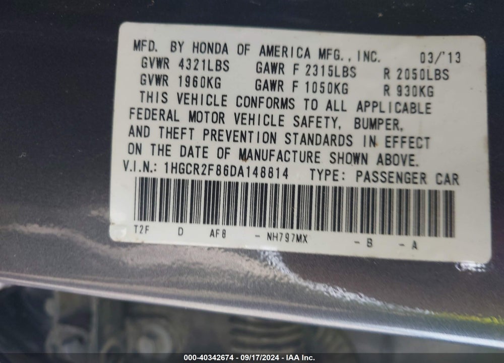 2013 HONDA ACCORD EX-L VIN: 1HGCR2F86DA148814