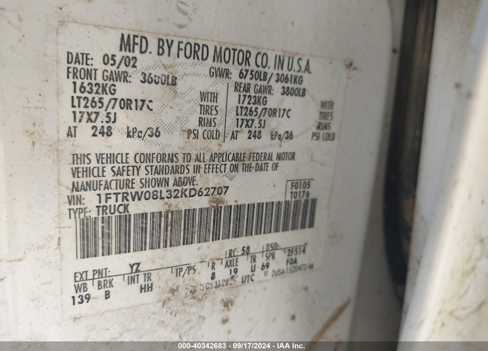 2002 FORD F-150 LARIAT/XLT VIN: 1FTRW08L32KD62707