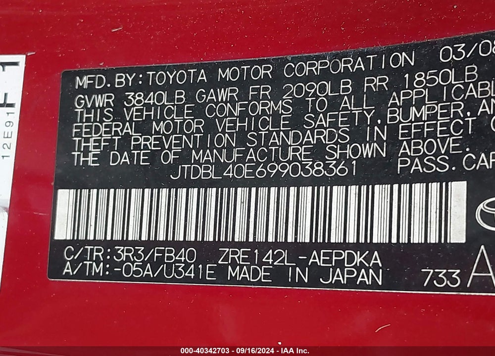 2009 TOYOTA COROLLA VIN: JTDBL40E699038361