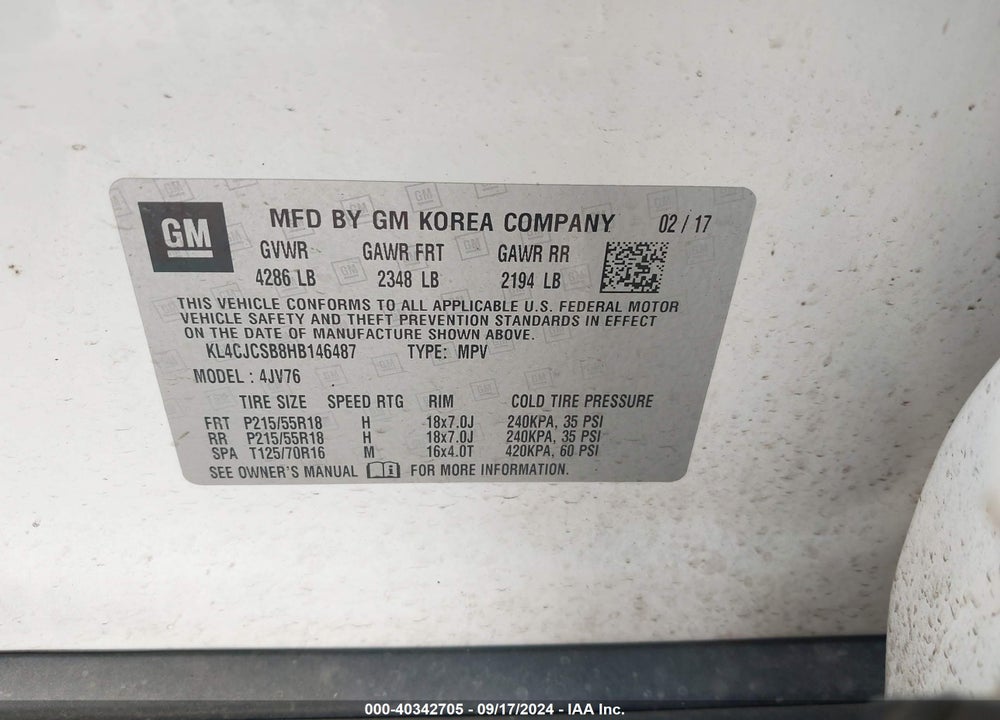 2017 BUICK ENCORE ESSENCE VIN: KL4CJCSB8HB146487