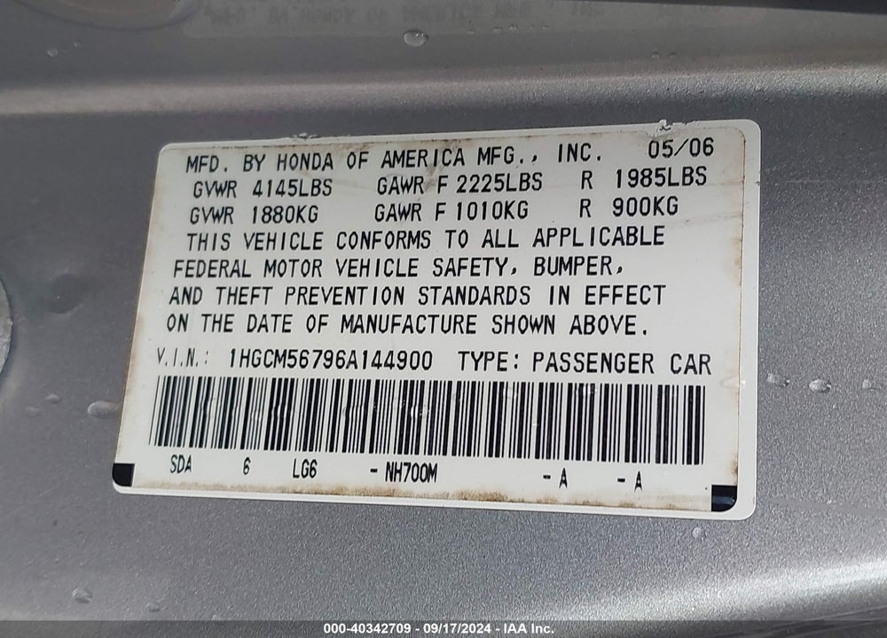 2006 HONDA ACCORD 2.4 EX VIN: 1HGCM56796A144900