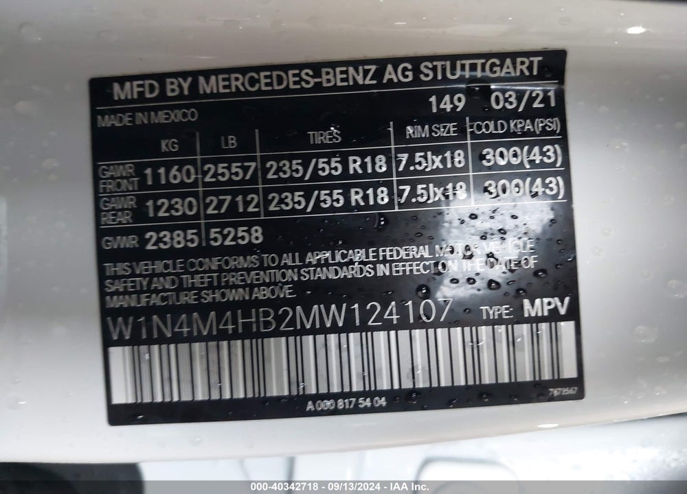 2021 MERCEDES-BENZ GLB 250 4MATIC VIN: W1N4M4HB2MW124107