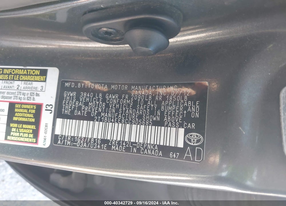 2012 TOYOTA CAROLA VIN: 2T1BU4EE8CC905685
