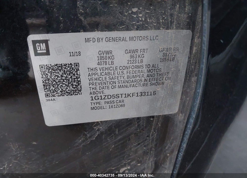 2019 CHEVROLET MALIBU LT VIN: 1G1ZD5ST1KF133116