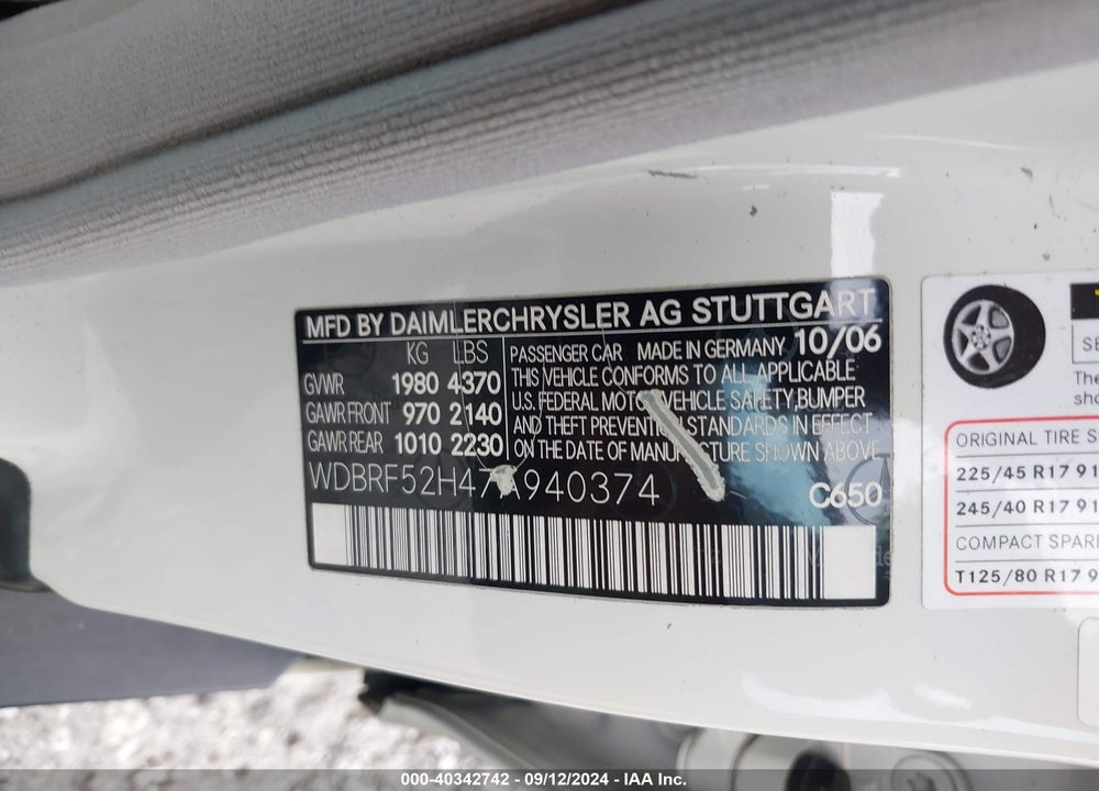 2007 MERCEDES-BENZ C 230 SPORT VIN: WDBRF52H47A940374