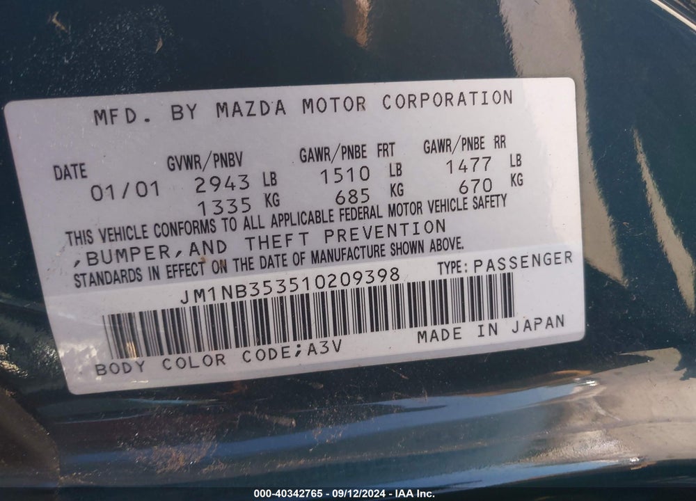 2001 MAZDA MX-5 MIATA LS/SPECIAL EDITION VIN: JM1NB353510209398