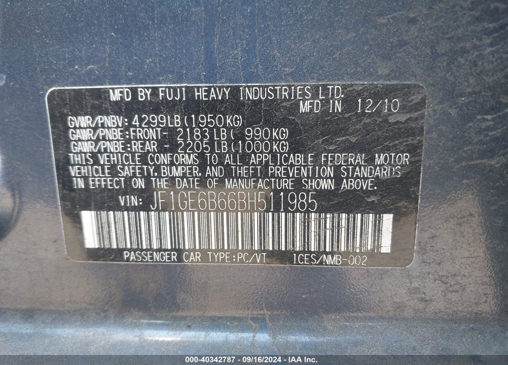2011 SUBARU IMPREZA VIN: JF1GE6B66BH511985