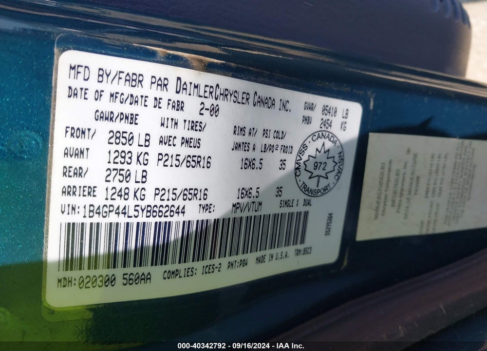 2000 DODGE GRAND CARAVAN SE VIN: 1B4GP44L5YB662644