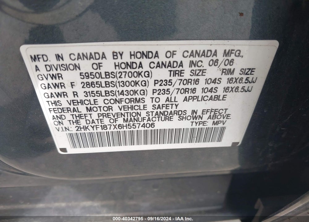 2006 HONDA PILOT EX-L VIN: 2HKYF187X6H557406