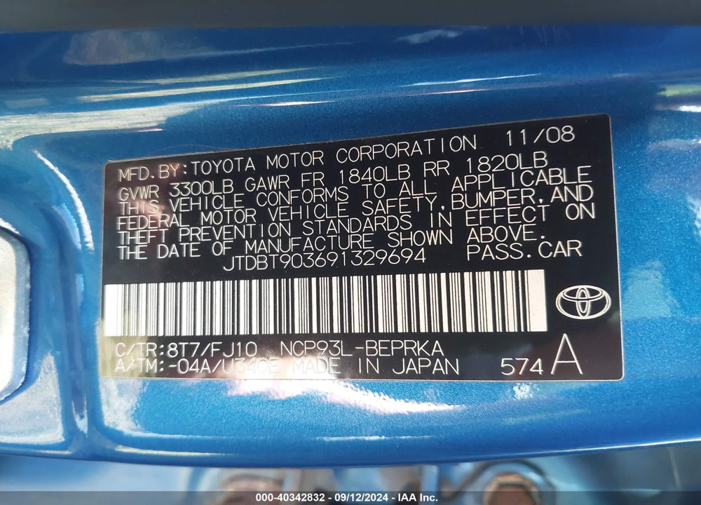2009 TOYOTA YARIS VIN: JTDBT903691329694