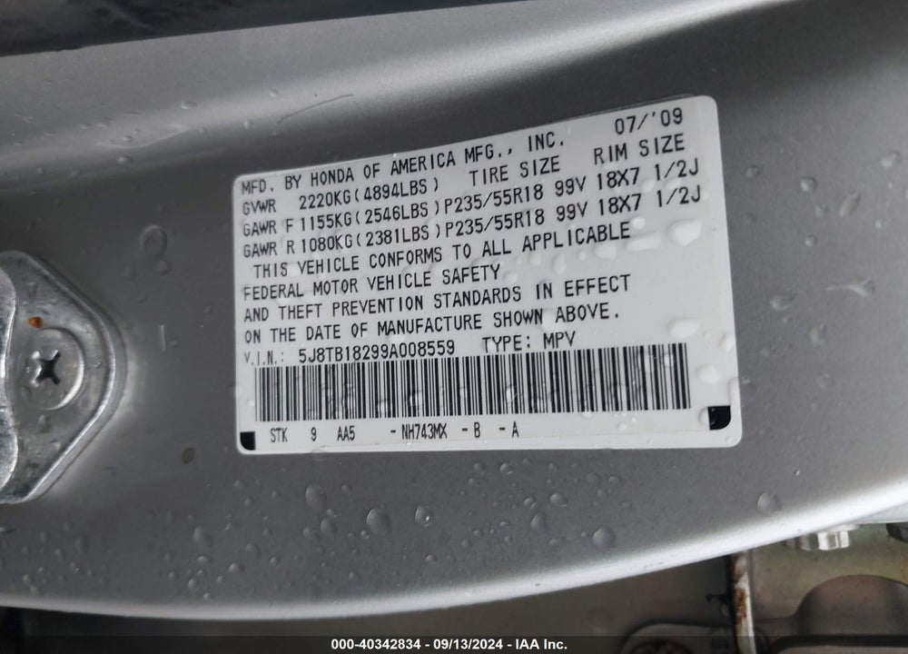 2009 ACURA RDX VIN: 5J8TB18299A008559