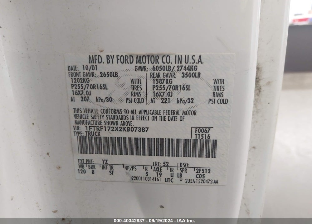 2002 FORD F-150 XL/XLT VIN: 1FTRF172X2KB07387