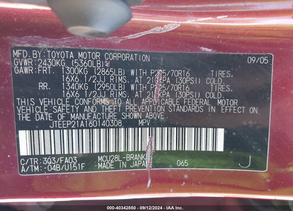 2006 TOYOTA HIGHLANDER V6 VIN: JTEEP21A160140308