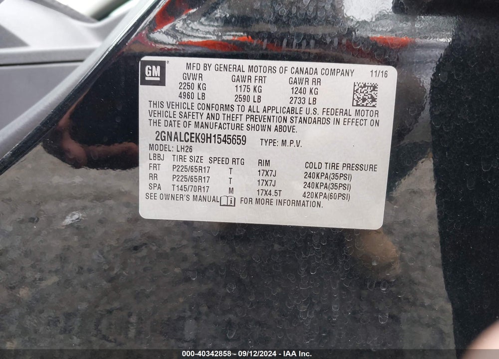 2017 CHEVROLET EQUINOX LT VIN: 2GNALCEK9H1545659