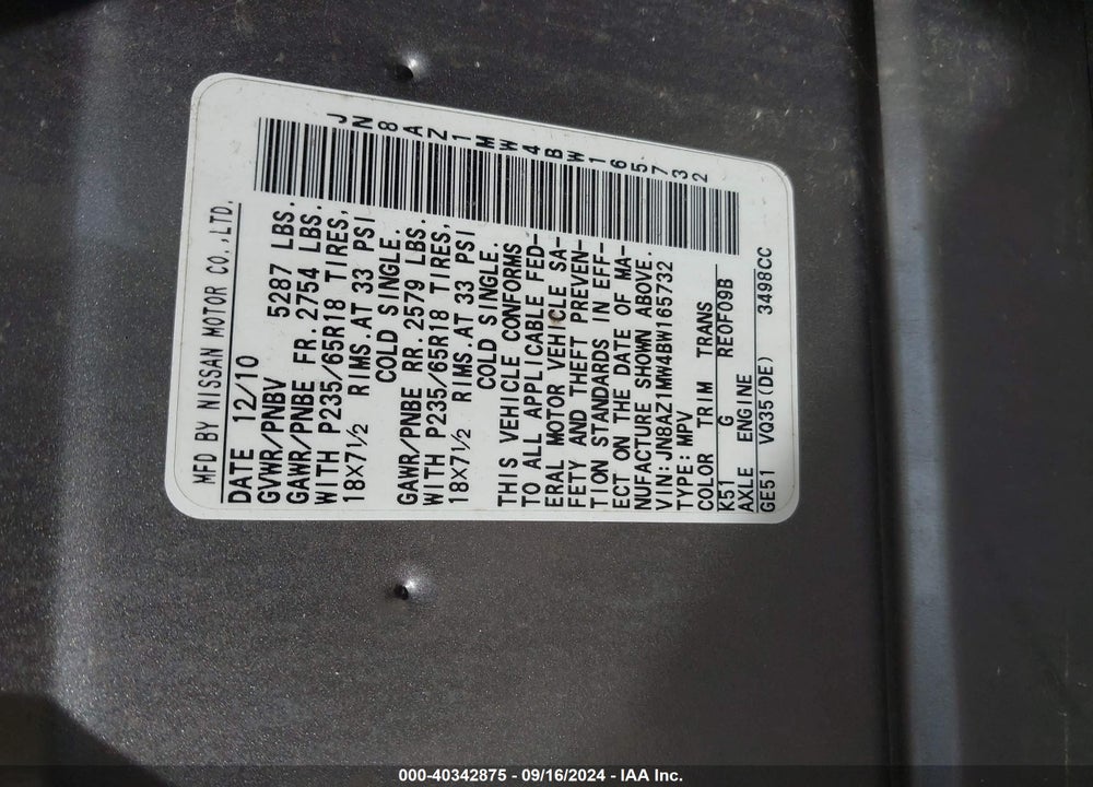 2011 NISSAN MURANO S VIN: JN8AZ1MW4BW165732