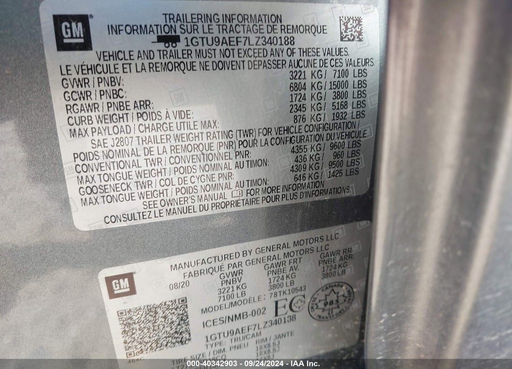 2020 GMC SIERRA 1500 4WD  SHORT BOX/4WD  STANDARD BOX VIN: 1GTU9AEF7LZ340188