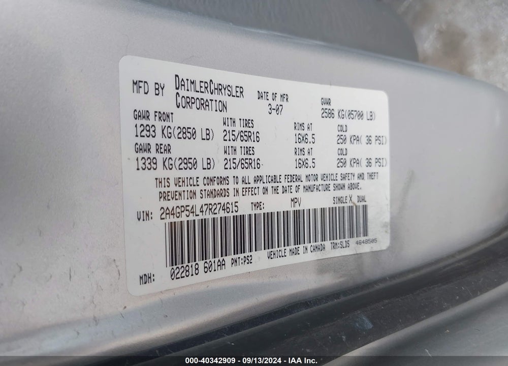 2007 CHRYSLER TOWN & COUNTRY TOURING VIN: 2A4GP54L47R274615