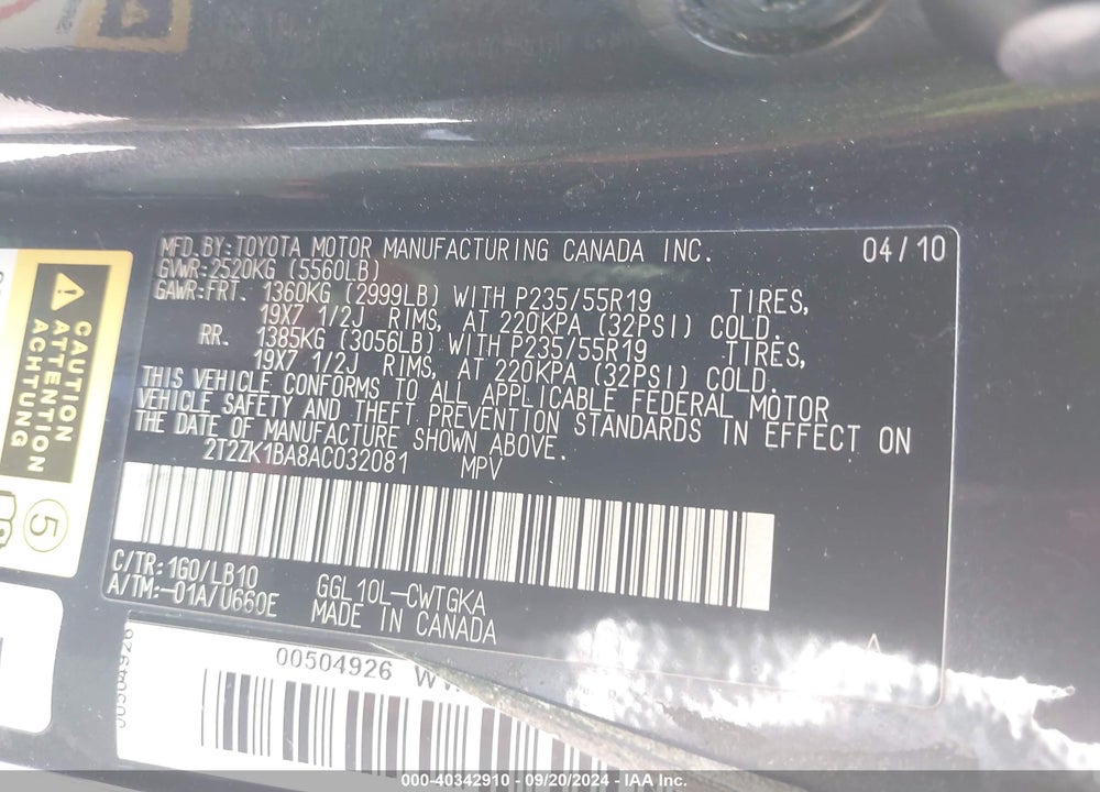 2010 LEXUS RX 350 VIN: 2T2ZK1BA8AC032081