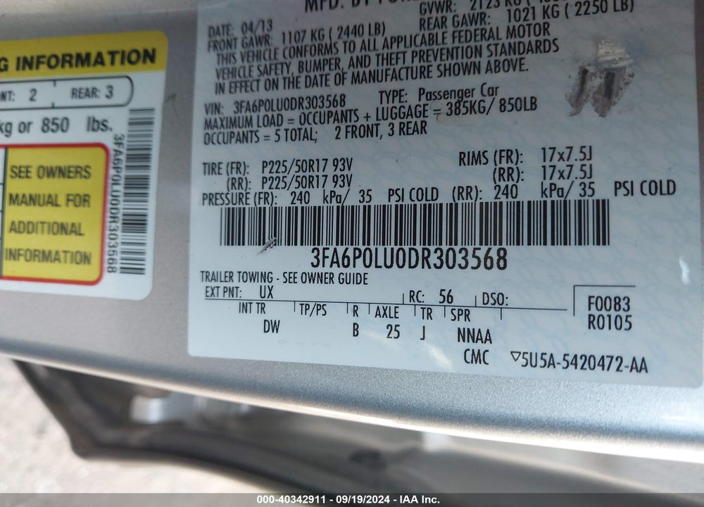 2013 FORD FUSION HYBRID SE VIN: 3FA6P0LU0DR303568