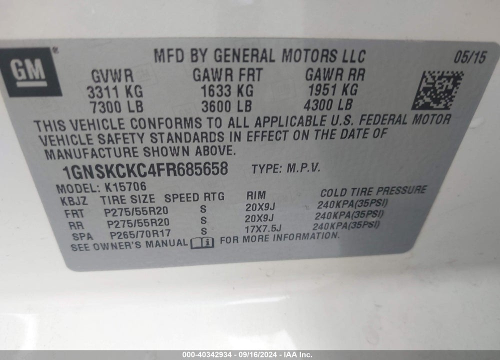 2015 CHEVROLET TAHOE LTZ VIN: 1GNSKCKC4FR685658