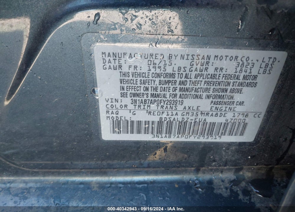 2015 NISSAN SENTRA SV VIN: 3N1AB7AP0FY293919