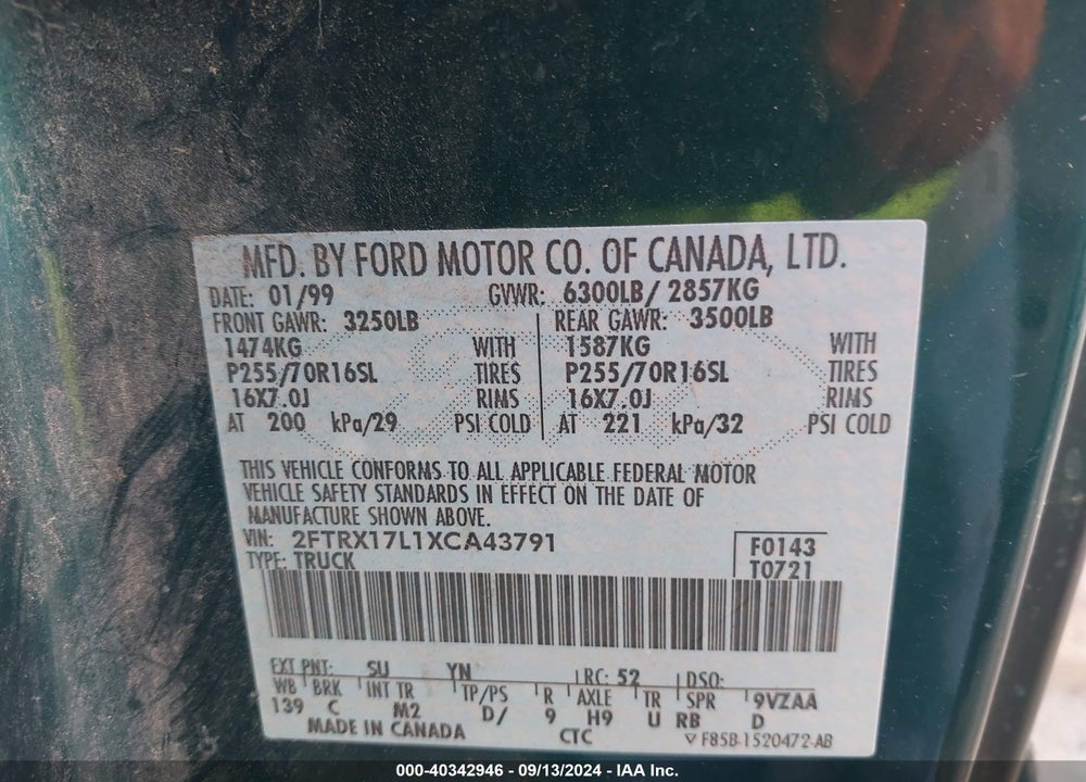 1999 FORD F-150 LARIAT/WORK SERIES/XL/XLT VIN: 2FTRX17L1XCA43791