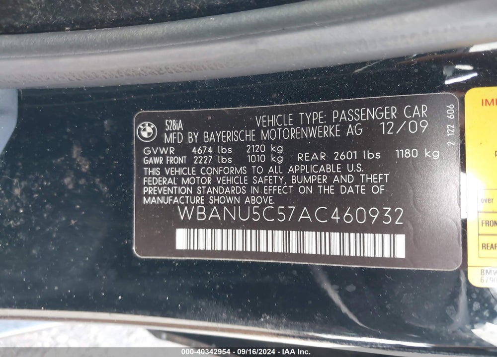 2010 BMW 528I VIN: WBANU5C57AC460932