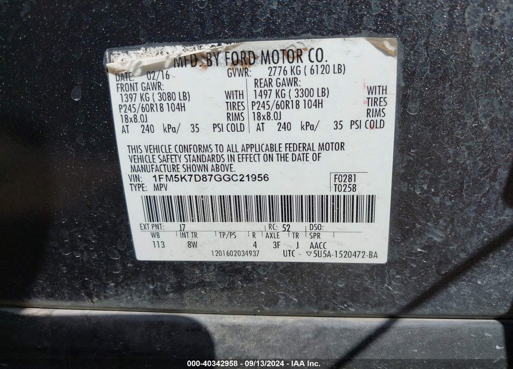 2016 FORD EXPLORER XLT VIN: 1FM5K7D87GGC21956