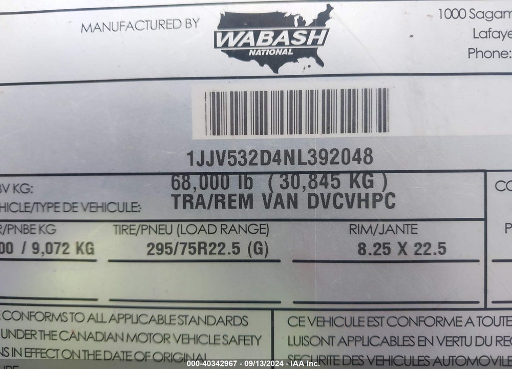 2022 WABASH NATIONAL CORP --- VIN: 1JJV532D4NL392048