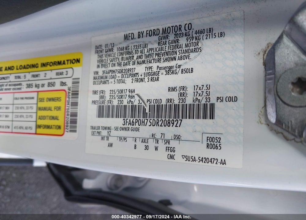 2013 FORD FUSION SE VIN: 3FA6P0H75DR208927