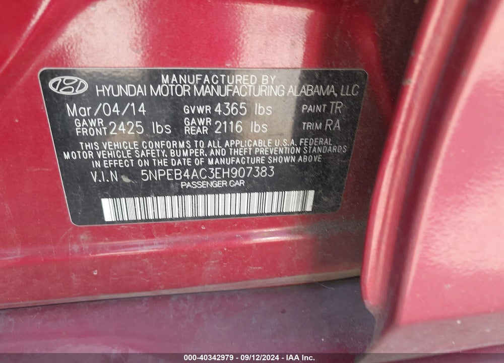 2014 HYUNDAI SONATA GLS VIN: 5NPEB4AC3EH907383