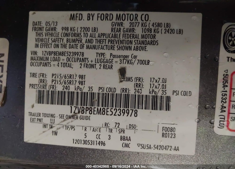 2014 FORD MUSTANG V6 VIN: 1ZVBP8EM8E5239978