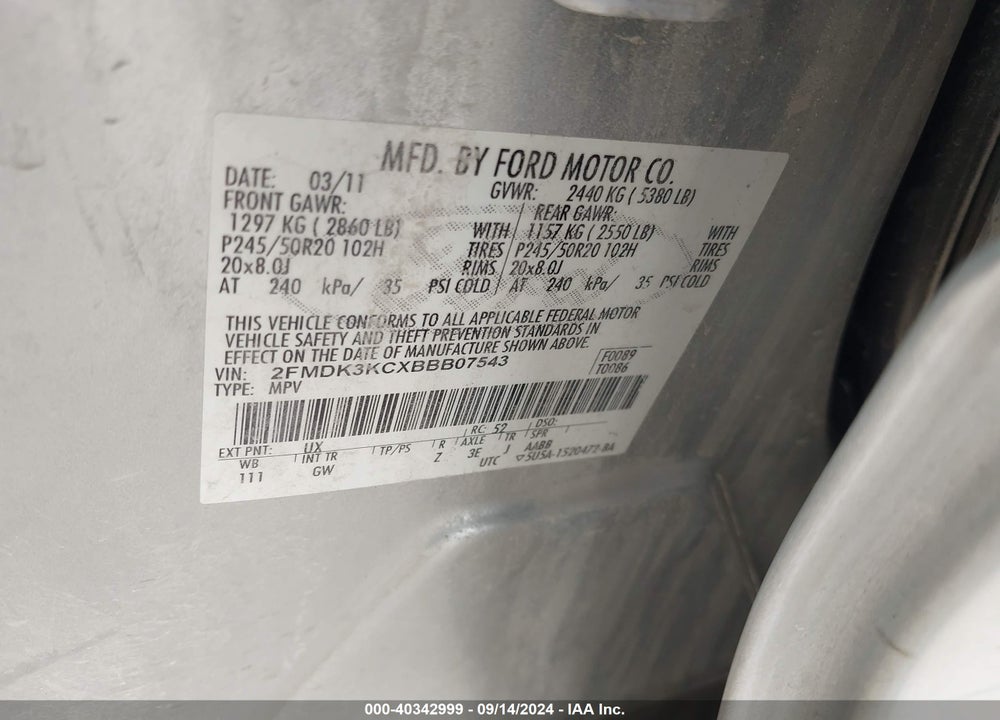 2011 FORD EDGE LIMITED VIN: 2FMDK3KCXBBB07543
