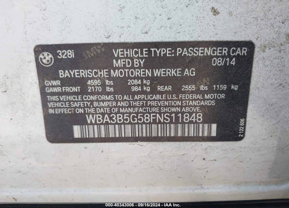 2015 BMW 328I XDRIVE VIN: WBA3B5G58FNS11848