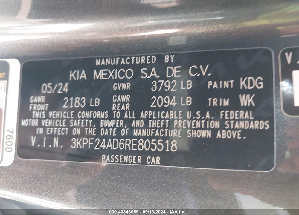 2024 KIA FORTE LX VIN: 3KPF24AD6RE805518