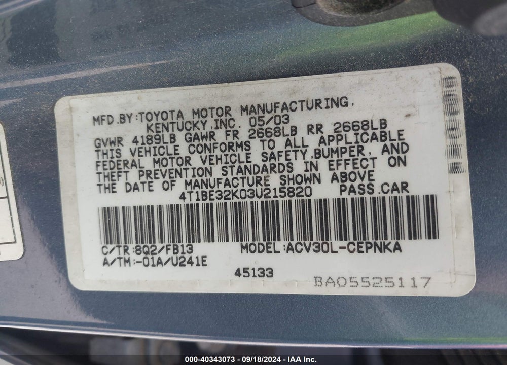 2003 TOYOTA CAMRY LE VIN: 4T1BE32K03U215820