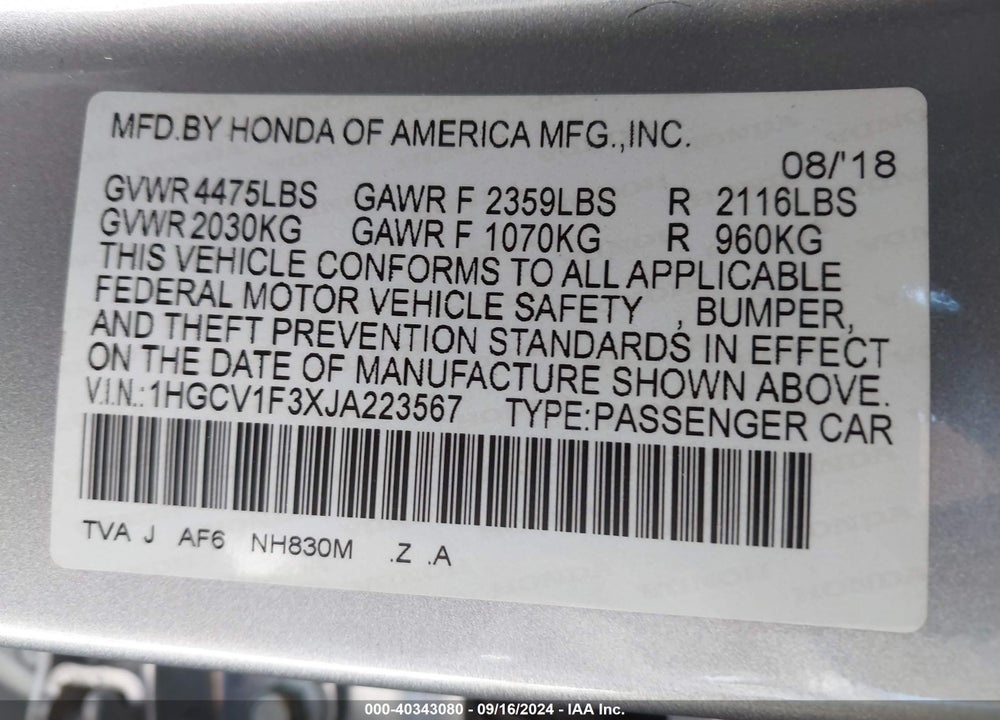 2018 HONDA ACCORD SPORT VIN: 1HGCV1F3XJA223567