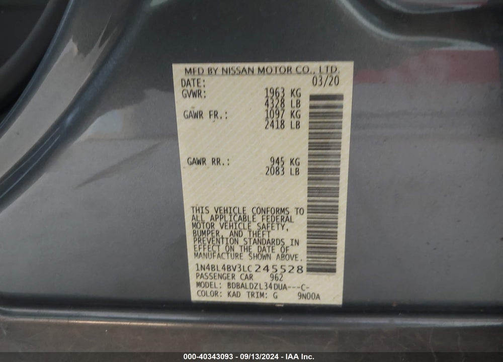 2020 NISSAN ALTIMA S FWD VIN: 1N4BL4BV3LC245528