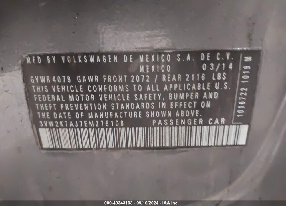 2014 VOLKSWAGEN JETTA 2.0L S VIN: 3VW2K7AJ7EM275109