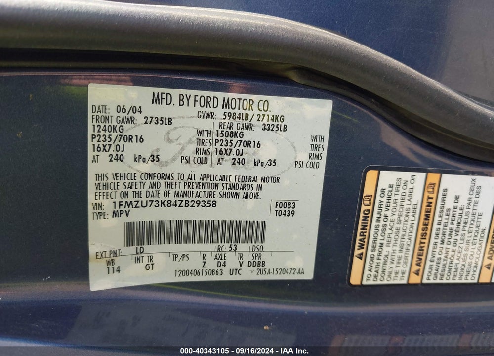 2004 FORD EXPLORER NBX/XLT VIN: 1FMZU73K84ZB29358