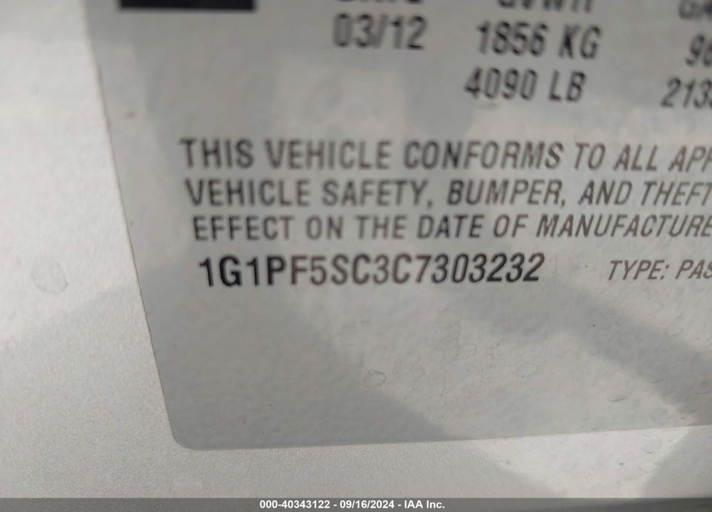 2012 CHEVROLET CRUZE 1LT VIN: 1G1PF5SC3C7303232