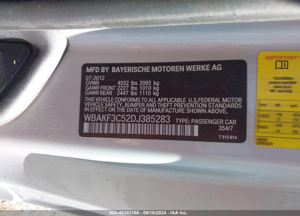 2013 BMW 328I XDRIVE VIN: WBAKF3C52DJ385283