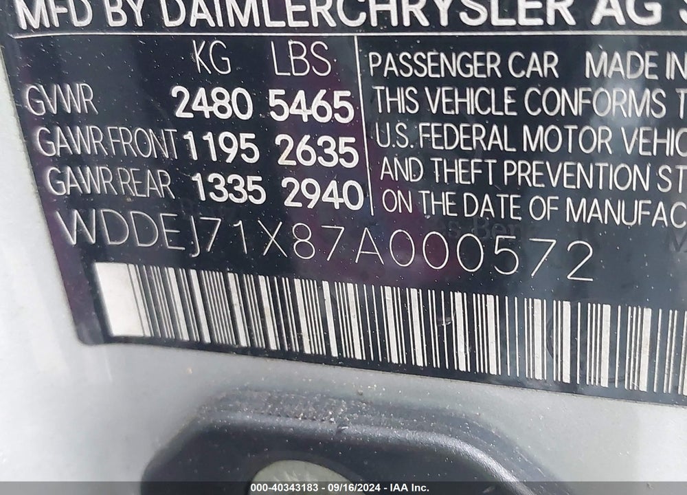 2007 MERCEDES-BENZ CL 550 VIN: WDDEJ71X87A000572