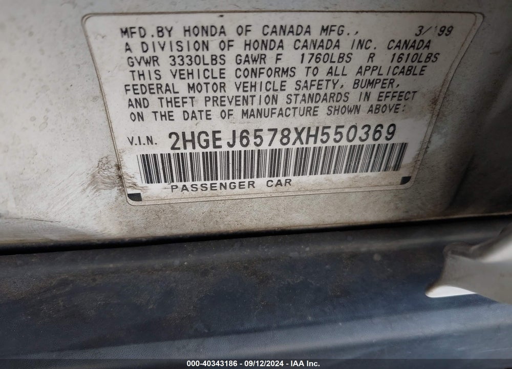 1999 HONDA CIVIC LX VIN: 2HGEJ6578XH550369