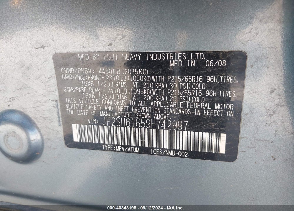 2009 SUBARU FORESTER 2.5X VIN: JF2SH61659H742997