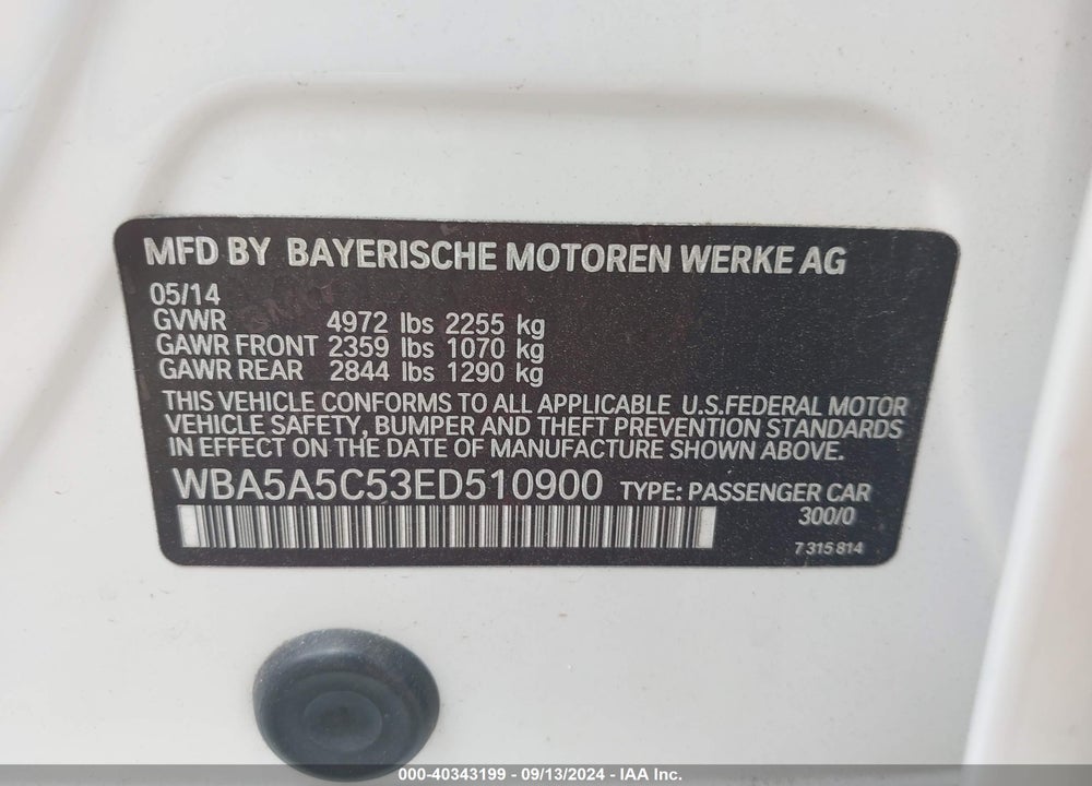 2014 BMW 528I VIN: WBA5A5C53ED510900