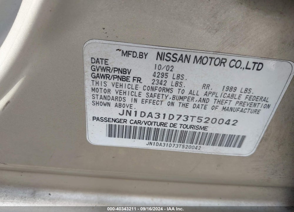 2003 NISSAN MAXIMA SE VIN: JN1DA31D73T520042